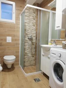 a bathroom with a shower and a toilet and a sink at Apartmani Beljkas in Tivat