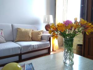 eine Vase mit Blumen auf einem Tisch im Wohnzimmer in der Unterkunft Casa do Pinheiro Manso in Valença