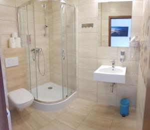 a bathroom with a shower and a toilet and a sink at Willa Cztery Brzozy Chałupy in Chałupy
