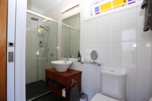 a bathroom with a toilet and a sink and a shower at Maungakawa Villa in Cambridge