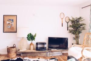紐基的住宿－Harvest Moon，一间带电视和植物的客厅