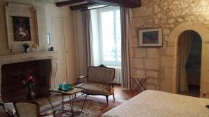 ein Schlafzimmer mit einem Bett, einem Stuhl und einem Kamin in der Unterkunft La Chancellerie in Huismes