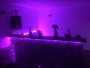 ein Wohnzimmer mit violettem Licht am Kamin in der Unterkunft Vila Nera in Zaboric