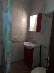 a bathroom with a sink and a toilet and a mirror at Villa Sunny Hill in Fish Fish