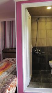 Zimmer mit einem Bad mit einem Bett und einer Dusche in der Unterkunft Ushguli Panorama Guest House in Uschguli