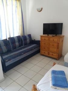 a living room with a couch and a television at Family Hotel Casablanca Green in Varna City