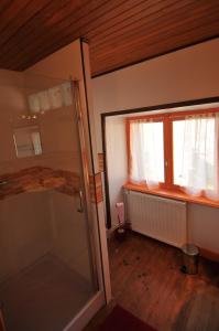 a bathroom with a glass door and a window at Auberge De La Providence in Saint-Donat