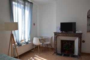 a living room with a fireplace with a tv on top at Joli Studio Plein Centre de Milly la Forêt in Milly-la-Forêt