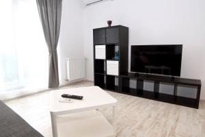 a living room with a couch and a television at Denisa Apartamente in Otopeni