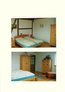 two pictures of a room with two beds in it at Jaworowa Zagroda in Domaszków