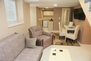 a living room with a couch and chairs and a kitchen at Apartman Centar 1 in Subotica