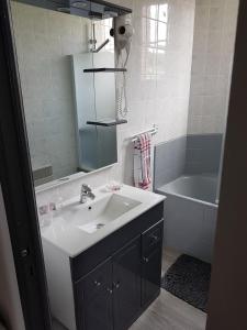un bagno con un lavandino, uno specchio e una vasca di vue sur Mer " VILLA DES MOUETTES " les pieds dans l eau a Veulettes-sur-Mer Altre 49 foto