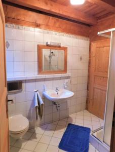 ein Badezimmer mit einem Waschbecken, einem WC und einem Spiegel in der Unterkunft Blockhaus-Ferienpark in Eisenschmitt