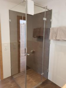 y baño con ducha y puerta de cristal. en Appartement De Martin, en Aurach bei Kitzbuhel
