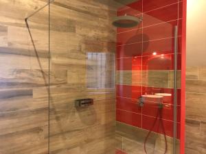 ein Bad mit einer Dusche und einer Glastür in der Unterkunft Hôtel Restaurant d'Alibert in Caunes-Minervois