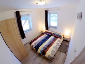 a bedroom with a bed and two windows at The Jungle Apartments and Rooms (Vila Džungla) in Bled