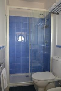 タオルミーナにあるCharming Place 2 Taorminaの青いタイル張りのバスルーム(トイレ、シャワー付)