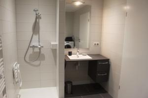 a bathroom with a shower and a sink and a mirror at Gite du Rocher in Hazelbourg