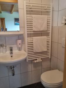 a white bathroom with a sink and a toilet at Ferienwohnungen Pension Sonnblick in Krumbach