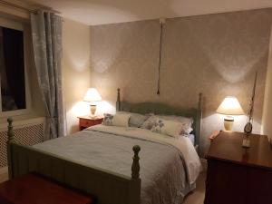 a bedroom with a large bed with two lamps at Le Dragon in Plumaudan