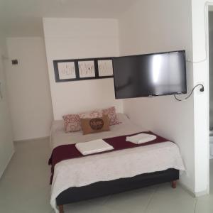 1 dormitorio con 1 cama y TV de pantalla plana en la pared en Monoambientes Céntricos Ciudad de Córdoba en Córdoba