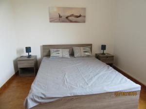 1 dormitorio con 1 cama grande y 2 mesitas de noche en Au calme Residence l'ile heureuse en Les Lecques