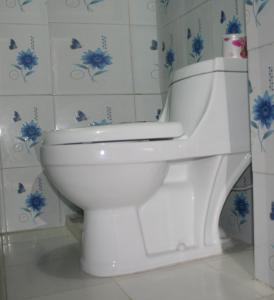 La salle de bains est pourvue de toilettes blanches et de fleurs bleues. dans l'établissement Le Rhododendron Chambres D'hotes, à Katmandou