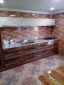 een keuken met houten kasten en een wastafel bij Tskaltubo Apartment Meri in Tskaltubo