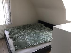 um pequeno quarto com uma cama com um edredão verde em Villa Valby em Copenhague