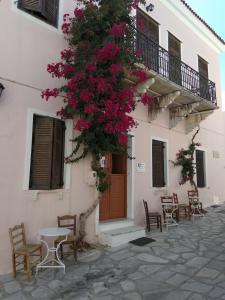 a building with chairs and a tree with pink flowers at Apano Vrysi in Tinos