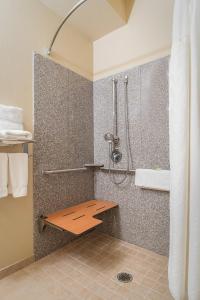 a bathroom with a shower with a bench in it at Baymont Inn & Suites by Wyndham Sturgis in Sturgis +29 photos
