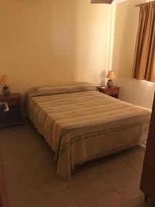a bed in a room with two night stands and two lamps at Cabañas Las Primorosas in Cañuelas