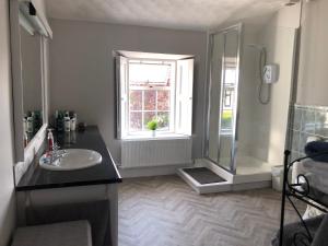 a bathroom with a sink and a shower with a window at Old Parochial House in Dundalk