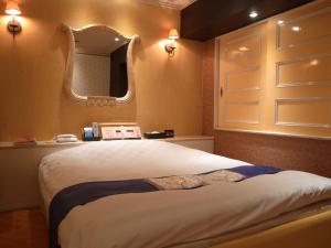 1 dormitorio con 1 cama grande y espejo en Hotel Large (Adult Only), en Honjo