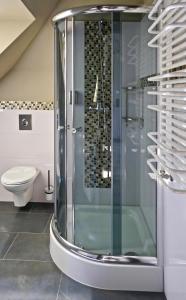 a glass shower in a bathroom with a toilet at Merite Hotels Hamburg Altona GmbH in Hamburg