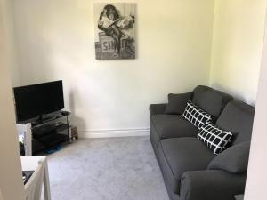 a living room with a couch and a flat screen tv at Raven House by RentMyHouse in Hereford