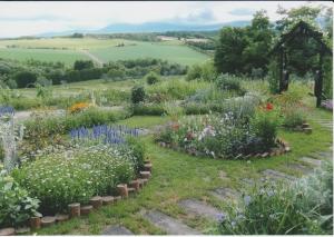 a garden with flowers in the grass at Woody Life in Kami-furano