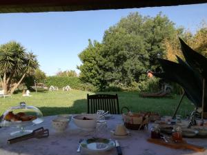 Ein Tisch mit Essen darauf, im Hintergrund ein Feld. in der Unterkunft Il Silos in Maccarese