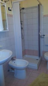 a bathroom with a shower and a sink and a toilet at B&B Nicole in Palma di Montechiaro