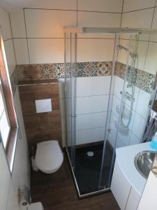 Un pequeño baño con inodoro y ducha. en dutchduochalet37, en s-Gravenzande