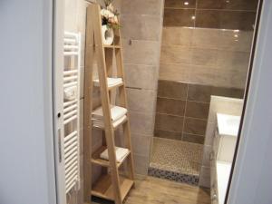 a bathroom with a wooden ladder in a shower at Bel appartement vue sur mer in Cancale