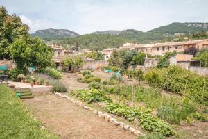 a garden in a village with mountains in the background at Sa Fita Backpackers - Albergue Juvenil in Esporles