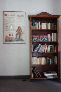 een boekenplank gevuld met boeken naast een muur bij Goldener Löwe Triebes in Triebes