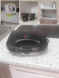 a black appliance sitting on a counter in a kitchen at The Garden Apartments in Nea Kalikratia