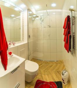 ザコパネにあるLuksusowy Apartament Bon Appetit -Centrum-Krupówki-Zakopaneのバスルーム(シャワー、トイレ、シンク付)