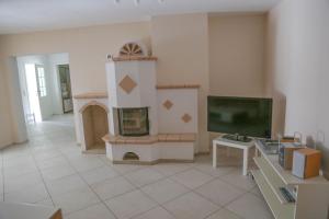 ein Wohnzimmer mit einem Kamin und einem TV in der Unterkunft Ferienwohnung Am Spechtbach in Wald-Michelbach