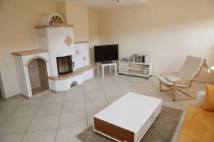 a living room with a fireplace and a tv at Ferienwohnung Am Spechtbach in Wald-Michelbach