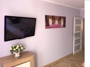 a living room with a flat screen tv on a wall at Luksusowy Apartament Bon Appetit -Centrum-Krupówki-Zakopane in Zakopane