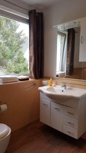 a bathroom with a sink and a toilet and a window at City Appartments in Braunschweig