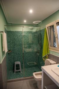 a bathroom with a shower with a toilet and green tiles at Nauticum City House in Argostoli +31 photos